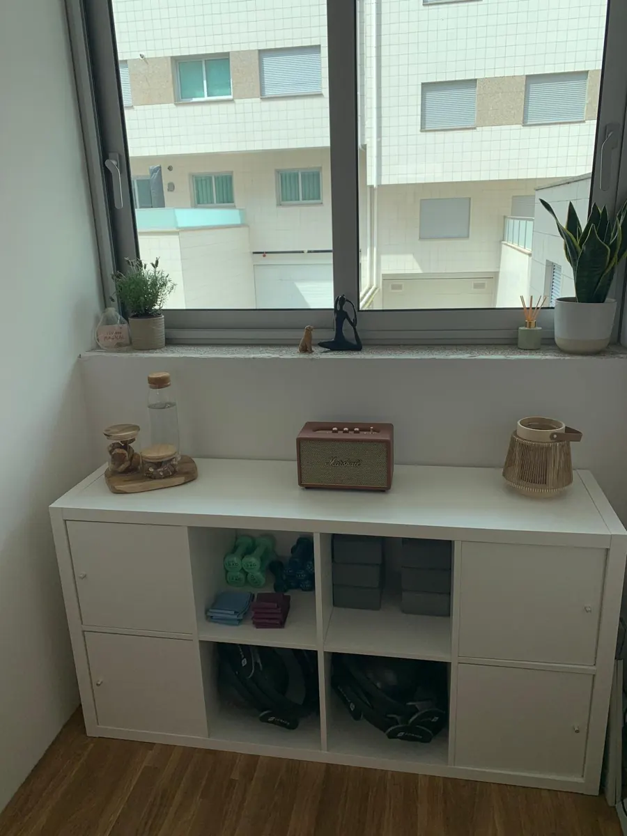 Móvel com material e plantas junto à janela do estúdio