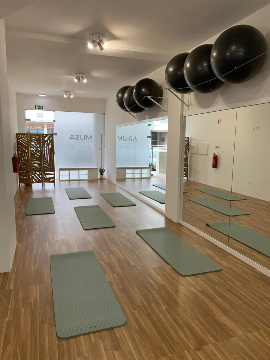 Sala do estúdio com tapetes verdes, espelho e bolas de Pilates